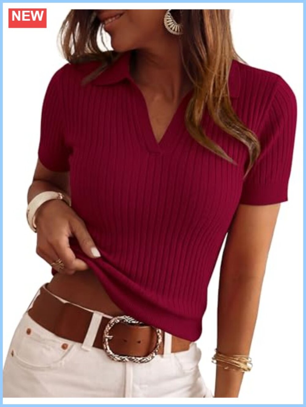 Women's Short Sleeve Polo Sweater V-Neck Ribbed Knit Top